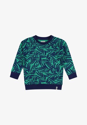 Groene sweatvest met een marineblauw bladdessin, geribbelde halslijn en manchetten, gemaakt van een zachte stof, met een klein logolabel aan de zoom.