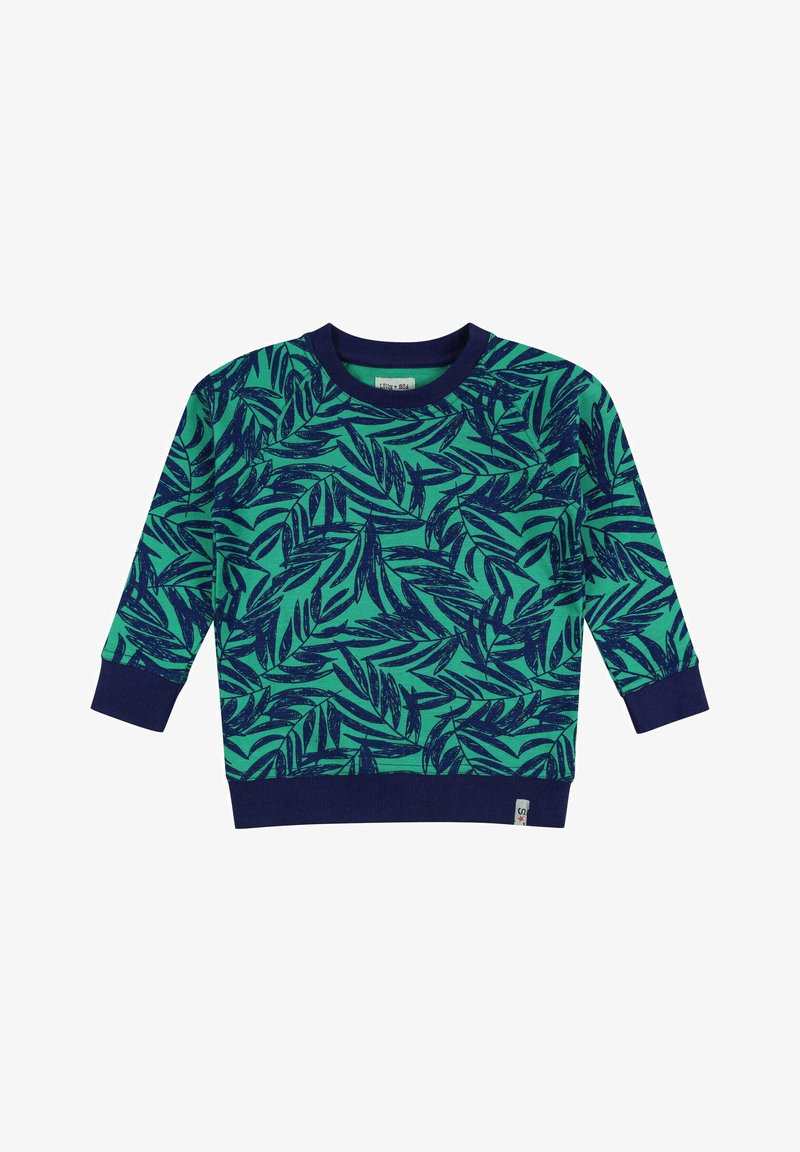 Groene sweatvest met een marineblauw bladdessin, geribbelde halslijn en manchetten, gemaakt van een zachte stof, met een klein logolabel aan de zoom.