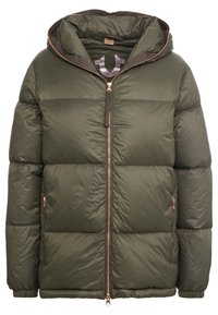 Tmavě zelená zateplená bunda s kapucí, se zipovým uzávěrem, elastickými manžetami, dvěma bočními kapsami a prošívanou strukturou.