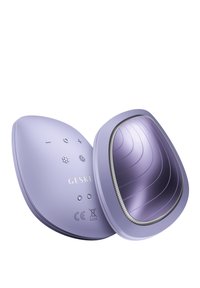 Lilla, oval elektronik enhed med en glat finish, der har et indfræsset mønster indeni, kontrolknapper på overfladen og et logo.