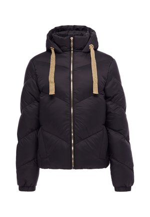 Schwarze Steppjacke mit Kapuze, goldenem Reißverschluss und breiten goldenen Kordeln, mit schräger Steppung und Seitentaschen.