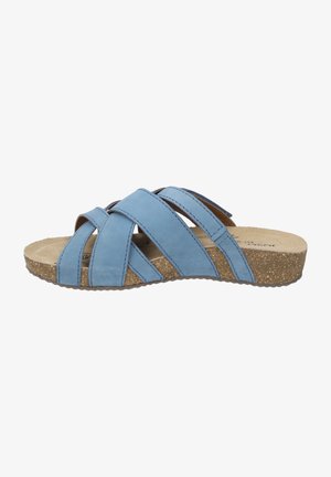 Blue leather slide sandal with Crisscross straps and a cork-like sole. Soft inner lining and textured outsole for grip.