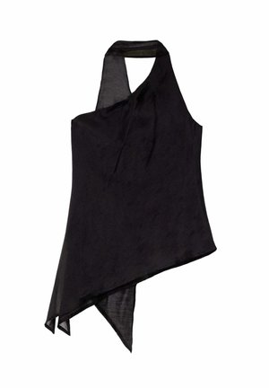 Haut halter asymétrique noir en tissu léger, avec un design drapé présentant des longueurs d'ourlet variées et une texture lisse.