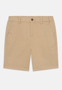 Kaki bomullsshorts med flat front, beltehemper, to frontlommer og knappelukking. Glatt tekstur og kne-lengde design.
