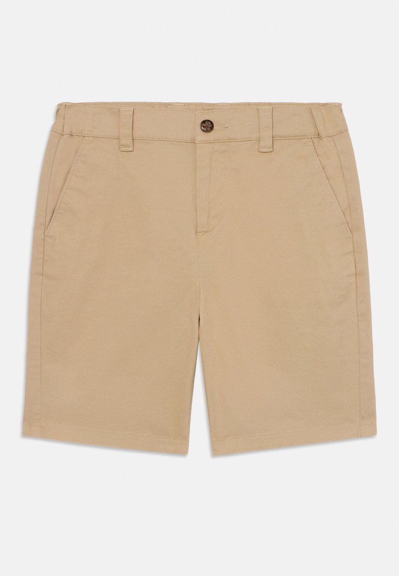 Kaki bomullsshorts med flat front, beltehemper, to frontlommer og knappelukking. Glatt tekstur og kne-lengde design.