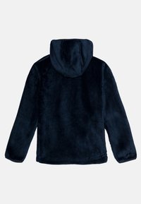 Navy blue hoodie made of soft, plush fabric with a smooth texture. Features a full back, long sleeves, and a cozy hood.