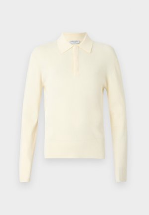 Długi rękaw polo sweter w jasnym żółtym kolorze, wykonany z miękkiego dzianiny, z klasycznym kołnierzykiem i plisą z zapięciem na trzy guziki.