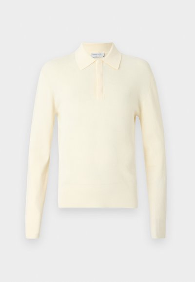 Langärmliger Poloshirt-Pullover in hellgelb, aus weichem Strick gefertigt, mit klassischem Kragen und einer Knopfleiste mit drei Knöpfen.