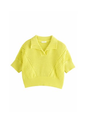 Pull tricoté jaune à manches courtes avec motif à tissage ouvert et large col et ourlet côtelés, posé à plat sur fond blanc.