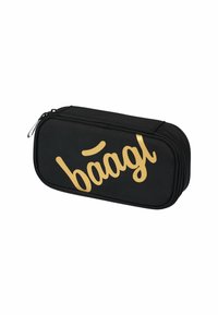 Astuccio nero con una superficie testurizzata, caratterizzato da un logo dorato in rilievo "bâàgл" sul fronte e una chiusura a zip lungo il bordo.