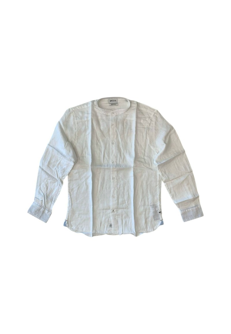 Camicia bianca in lino a maniche lunghe con scollatura rotonda e chiusura con bottoni, caratterizzata da una texture sottile e maniche orlate. Senza motivi o accenti.