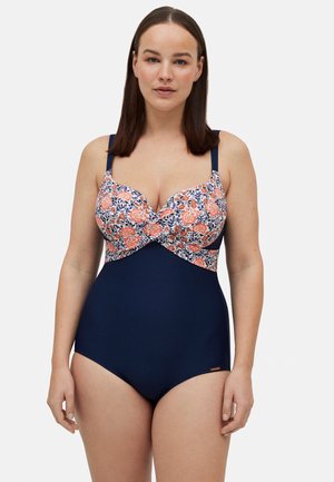 Bañador de una pieza con parte superior floral en tonos de rosa y azul marino, parte inferior azul marino lisa, tirantes ajustables y textura suave.
