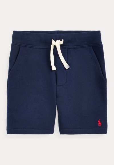 Shorts pour enfants bleu marine avec cordon blanc, poches latérales et petit logo rouge brodé sur la jambe gauche.