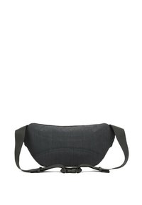 Borsa a tracolla nera in tessuto con una forma liscia e arrotondata, caratterizzata da una superficie testurizzata e una tracolla regolabile. Include una chiusura a fibbia in plastica.