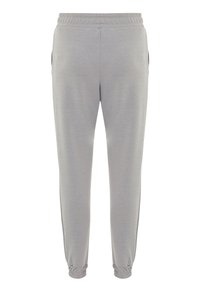 Graue Sweatpants mit elastischem Bund, seitlichen Taschen und elastischen Bündchen an den Knöcheln. Hergestellt aus einem leichten, weichen Stoff.