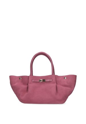 Borsa in pelle scamosciata rosa con due manici, una chiusura argentata sul davanti e bottoni laterali che allargano la forma della borsa.