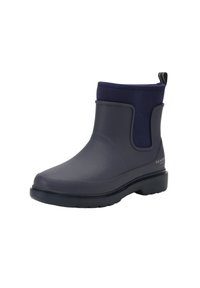 Stivale in gomma navy con finitura liscia, pannello elastico laterale e suola testurizzata per una buona aderenza. Dotato di un tassello per una facile calzata.
