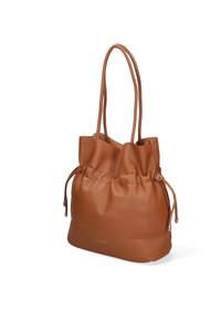 Borsa tote in pelle marrone con parte superiore arricciata e chiusura con cordoncino. Presenta due manici lunghi e una finitura liscia e strutturata.