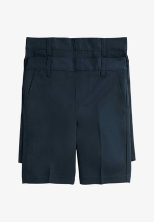 Deux paires de shorts bleu marine jusqu'aux genoux avec passants pour ceinture et poches latérales, superposées l'une derrière l'autre sur un fond blanc.
