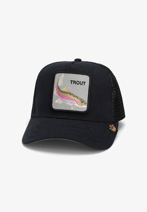 Black cap with mesh back, featuring a gray embroidered patch of a trout and the word "TROUT." Accented with a logo on the side.