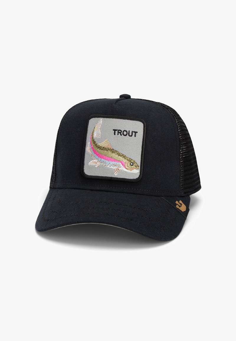Black cap with mesh back, featuring a gray embroidered patch of a trout and the word "TROUT." Accented with a logo on the side.