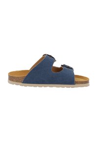 Sandalo blu in tela senza fibbie con due fibbie regolabili, soletta in sughero e suola in gomma testurizzata. Design aperto per la traspirabilità.