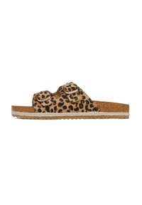 Sandalo con stampa leopardata, dotato di due cinturini regolabili, suola in sughero piatta e suola in gomma testurizzata. Caratterizzato da fibbie metalliche.