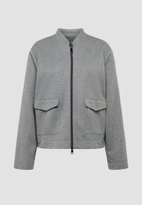 Gray bomber jacket with a zip front, stand collar, and two flap pockets. Made of textured fabric, featuring a relaxed fit and long sleeves.