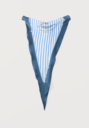 Driehoekige zijden sjaal met blauw-witte verticale strepen, een donkerblauwe rand en het "Lauren Ralph Lauren" logo in sierlijke letters boven in het midden.