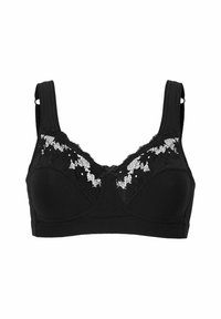 Svart bh med spetsdetaljer på toppen, breda band och en liten rosett i mitten. Mjuk tyg med släta, sömlösa kupor.