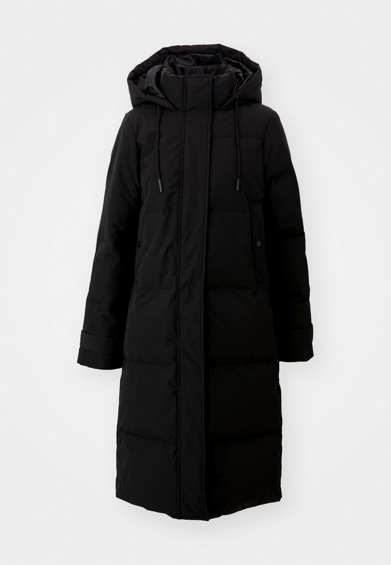 Schwarze gepolsterte Jacke mit langem Design, durchgehendem Reißverschluss und Kapuze. Verfügt über verstellbare Kordeln und zwei Fronttaschen. Glatte Textur.