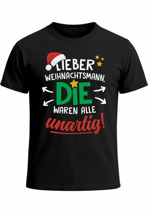 Black t-shirt featuring colorful text: "Lieber Weihnachtsmann, DIE waren alle unartig!" with a Santa hat graphic and decorative stars.