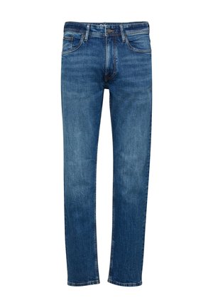 Blaue Jeans aus Denim mit geradem Bein, Fronttaschen, Knopfverschluss und dezenten Verblassungen an Oberschenkeln und Knien.