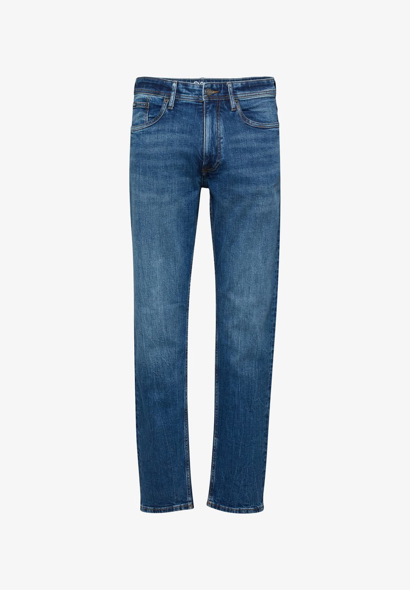 Blauwe denim jeans met rechte pijpen, voorzakken, knoopsluiting en subtiele vervaagde details op de dijen en knieën.
