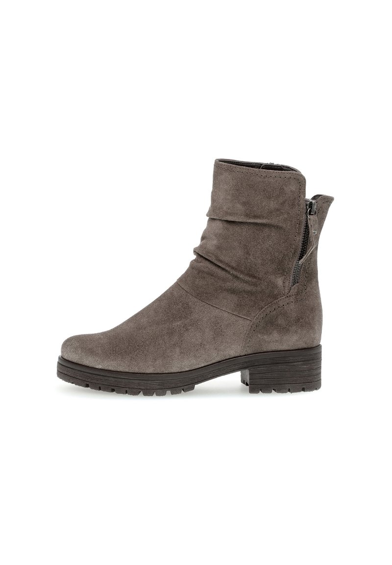 Gray suede ankle boot featuring a slouchy design, side zipper, and a stacked block heel with a textured outsole.