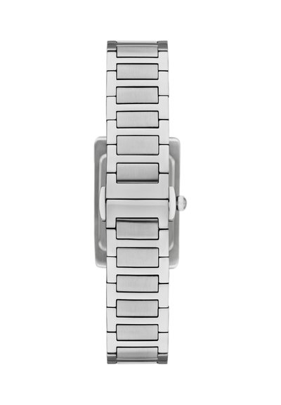 Silver metal link bracelet with rectangular segments attached to a square watch case with a side crown, viewed from the front.