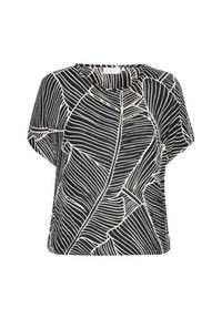 Schwarz-weiße Bluse mit kurzen Ärmeln und Blattmuster. Hergestellt aus weichem Stoff mit lockerem Schnitt und rundem Halsausschnitt.