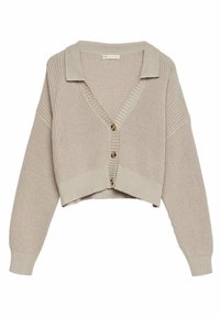 Beige kort cardigan med ribbad krage, knappstängning och texturerat stickmönster. Har långa ärmar och en avslappnad passform.