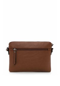Borsa a spalla in pelle marrone con una superficie liscia, dotata di una tasca anteriore con zip e attacco per la tracolla. Forma rettangolare.