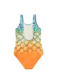 Maillot de bain une pièce avec un motif d'ananas. Présente des bretelles bleues, un dos plongeant et un bas orange. Tissu lisse et coloré.