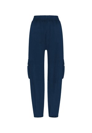Pantalones cargo de color azul marino con cintura elástica, piernas entalladas y bolsillos laterales. Hechos de una tela suave con una textura lisa.