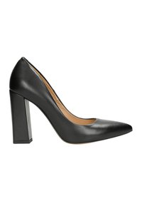 Pump nera in pelle con tacco alto, punta a teardrop e tacco largo e squadrato. Texture liscia e design pulito e minimalista.