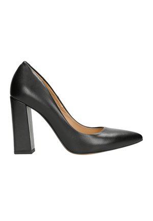 Pump nera in pelle con tacco alto, punta a teardrop e tacco largo e squadrato. Texture liscia e design pulito e minimalista.