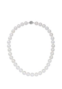White pearl necklace featuring round, lustrous pearls evenly spaced, connected by a silver clasp. Overall smooth texture and consistent sizing.
