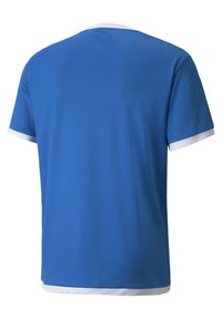 T-shirt sportivo blu a maniche corte, con bordi bianchi sul colletto rotondo e sui polsini, realizzato in tessuto liscio e leggero.
