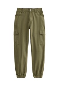 Pantalons cargo vert olive avec des poignets élastiques, dotés de deux poches latérales, d'une fermeture à bouton et d'une coupe décontractée.