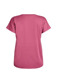 Pink short-sleeve t-shirt with a round neckline, soft texture, and a loose fit, featuring a smooth, solid color without patterns.