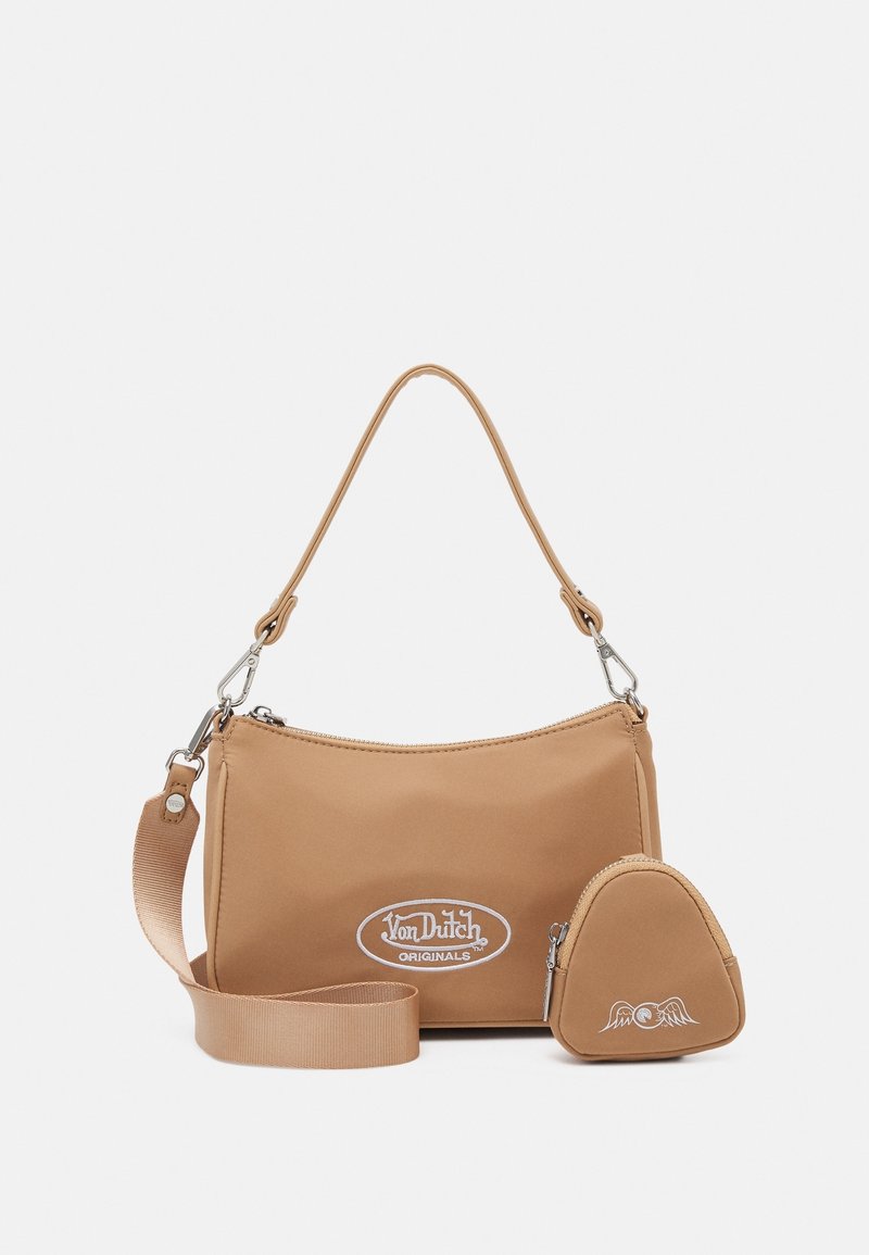 Tan nylon shoulder bag featuring a silver zipper, logo detail, and an adjustable strap; includes a small, matching coin pouch.