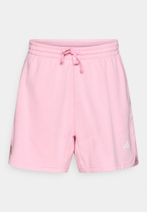 Hellrosa Shorts aus weichem Stoff, mit einem elastischen Bund und einem Kordelzug sowie einem kleinen weißen Logo auf der Vorderseite unten.