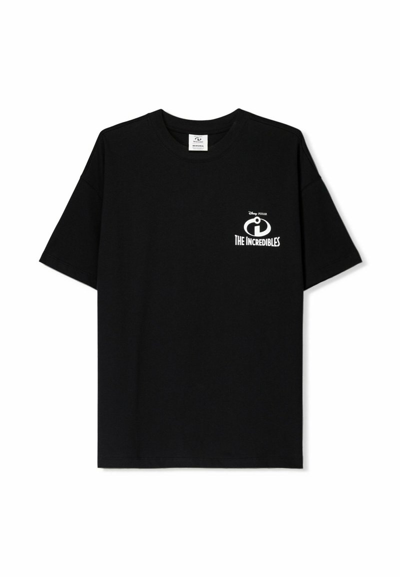 T-shirt en coton noir avec col rond, manches courtes et un logo blanc disant "LES INCROYABLES" sur le devant.